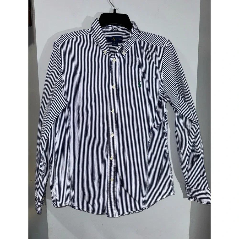 Ralph‎ Lauren blue white striped button down green pony boys XL 14-16